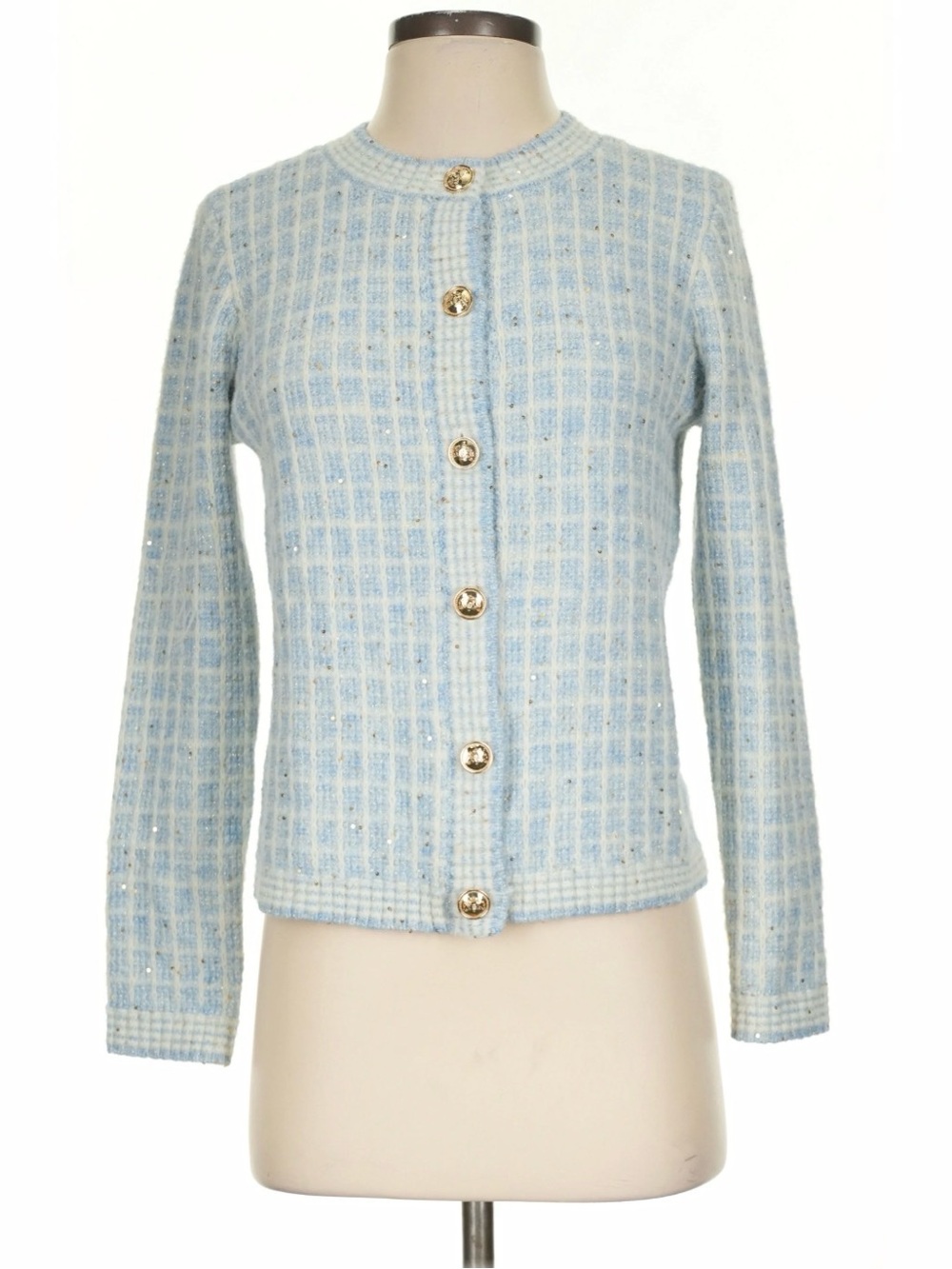 Talbots Sequin Plaid Crewneck Cardigan Sweater Blue/Ivory Tweed Look Small